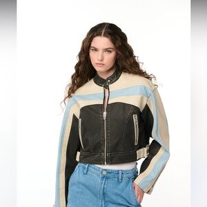 Blank NYC Black and Cream Leather Jacket with Blue Accents